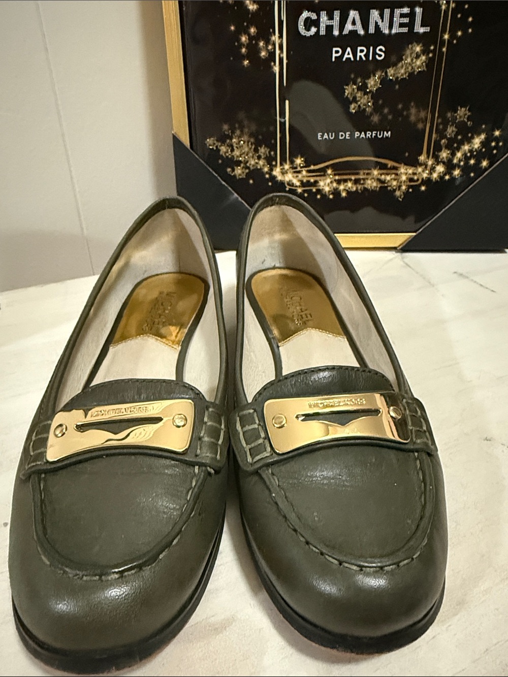 Michael Kors Olive Green Leather Loafers with Gold Plaque